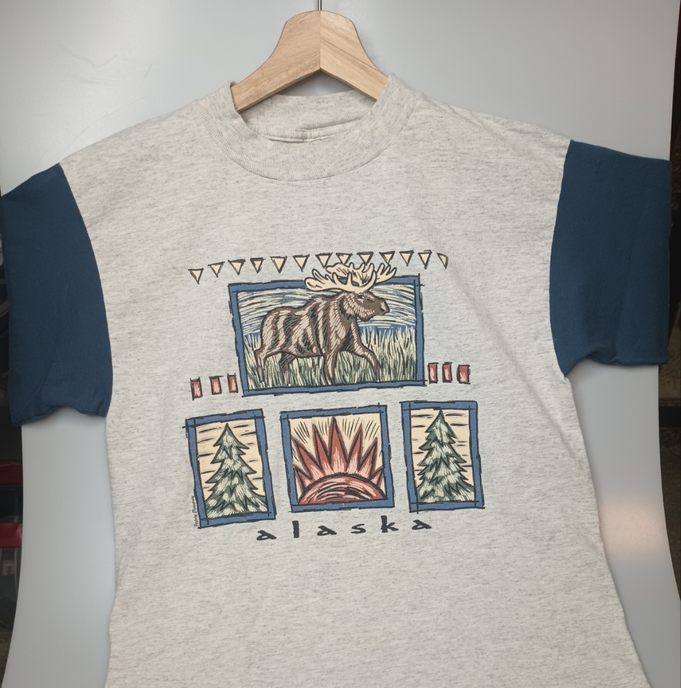 Gray and Blue Short Sleeve Tee with Graphic Design
